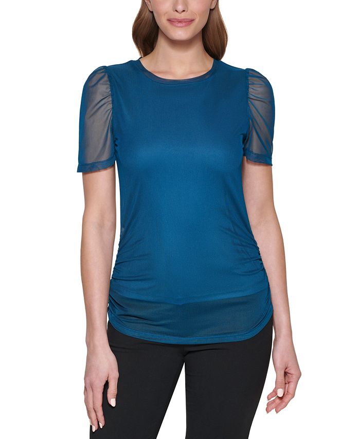 DKNY Women's Sheer Puff Sleeve Top Blue Size X-Large