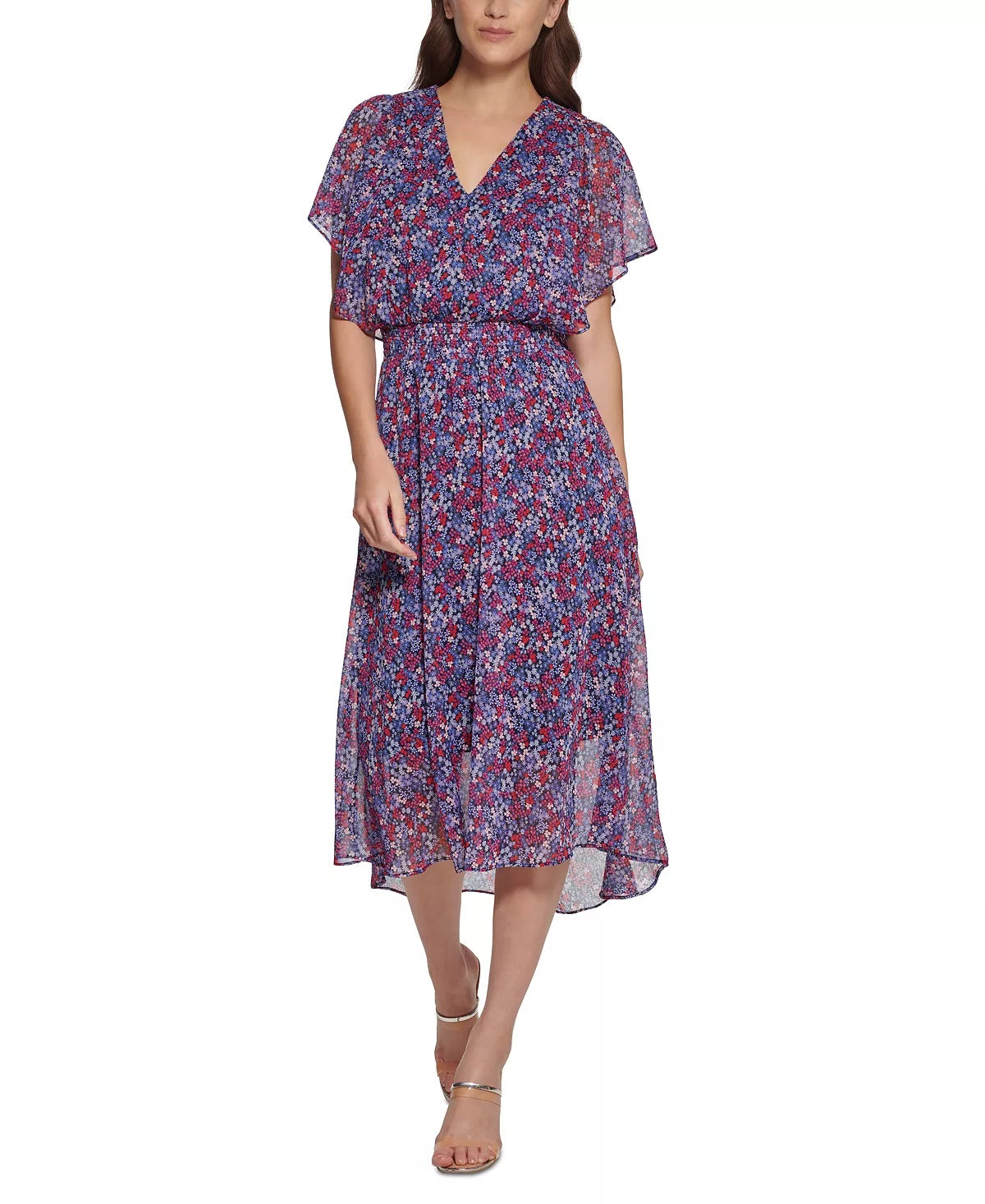 DKNY Women's Floral Print Smocked Midi Dress Purple Size 12