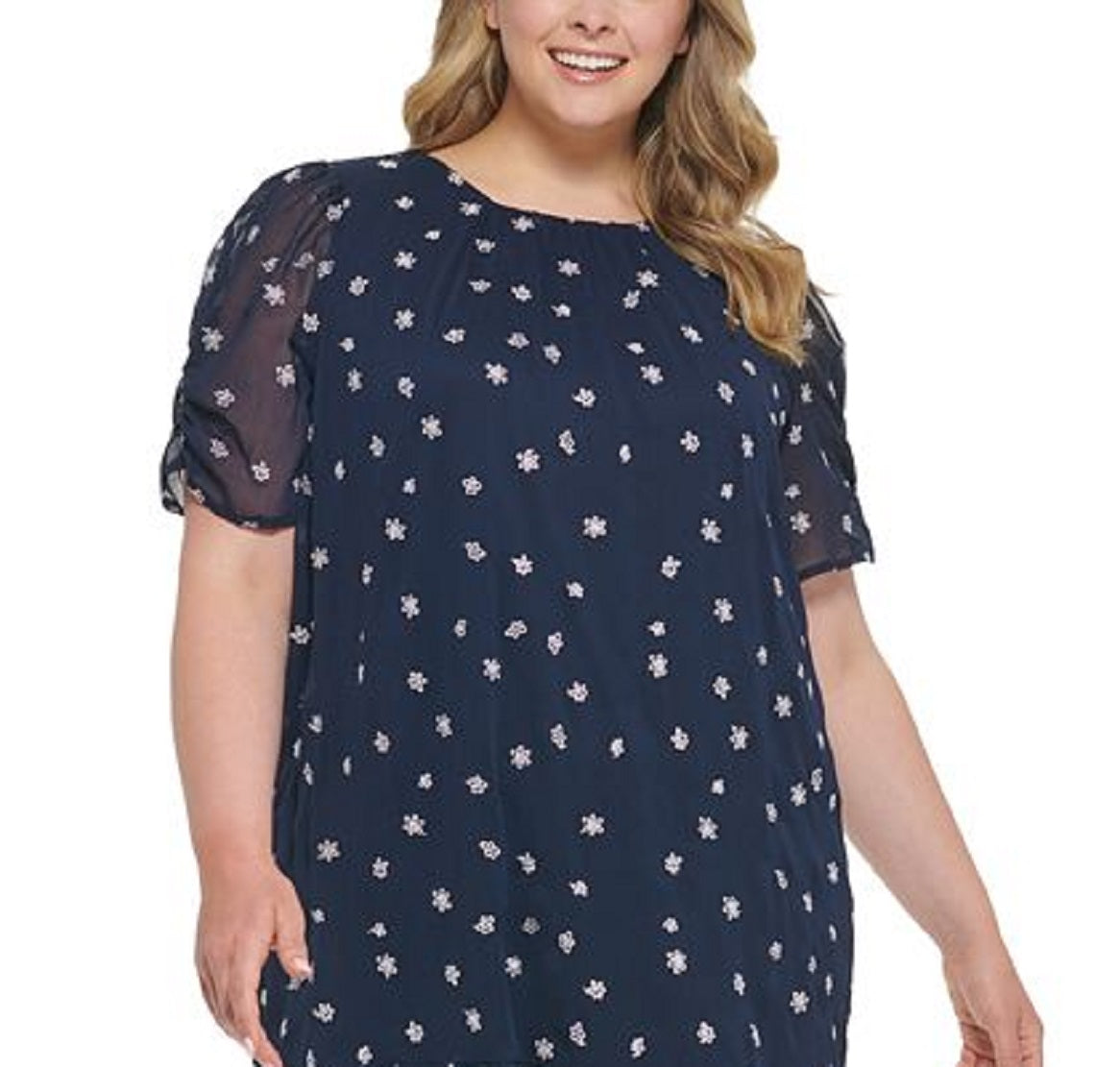 DKNY महिलाओं के लिए कढ़ाई वाली काफ मिडी ड्रेस नीला साइज़ 22W