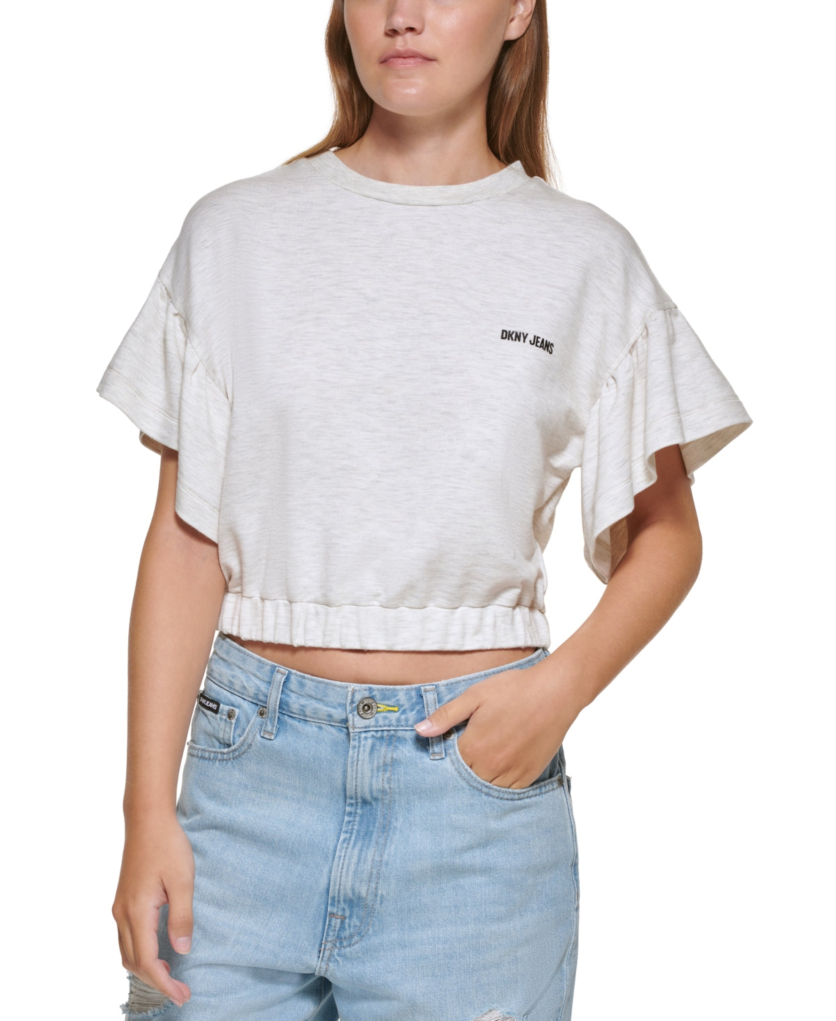 DKNY Women's Cropped Flutter Sleeve T-Shirt Brown Size Medium