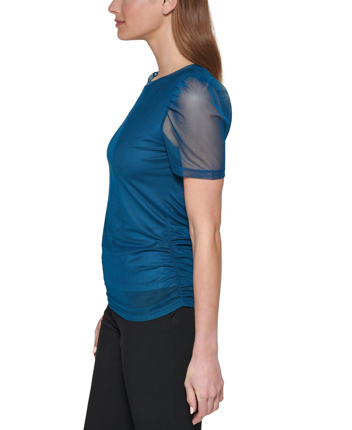 DKNY Women's Ruched Sheer Sleeve Top Blue Size Petite X-Large
