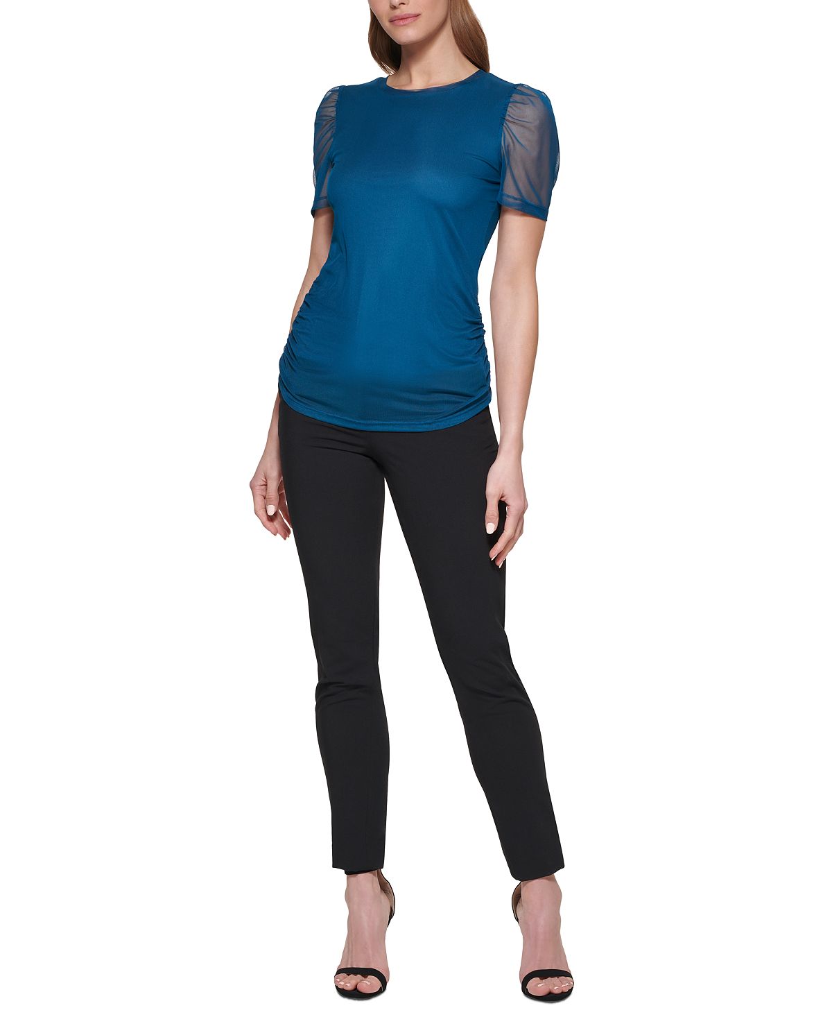 DKNY Women's Ruched Sheer Sleeve Top Blue Size Petite X-Large