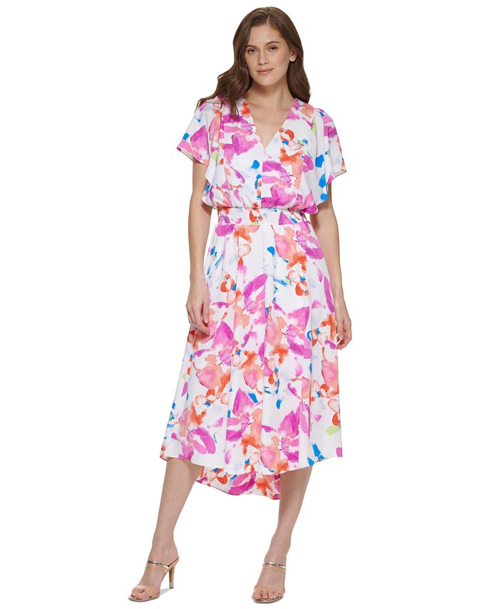 DKNY Women's Smocked Waist Midi Dress Pink Size 10Petite