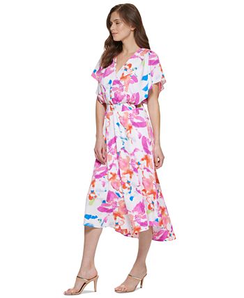 DKNY Women's Smocked Waist Midi Dress Pink Size 10Petite