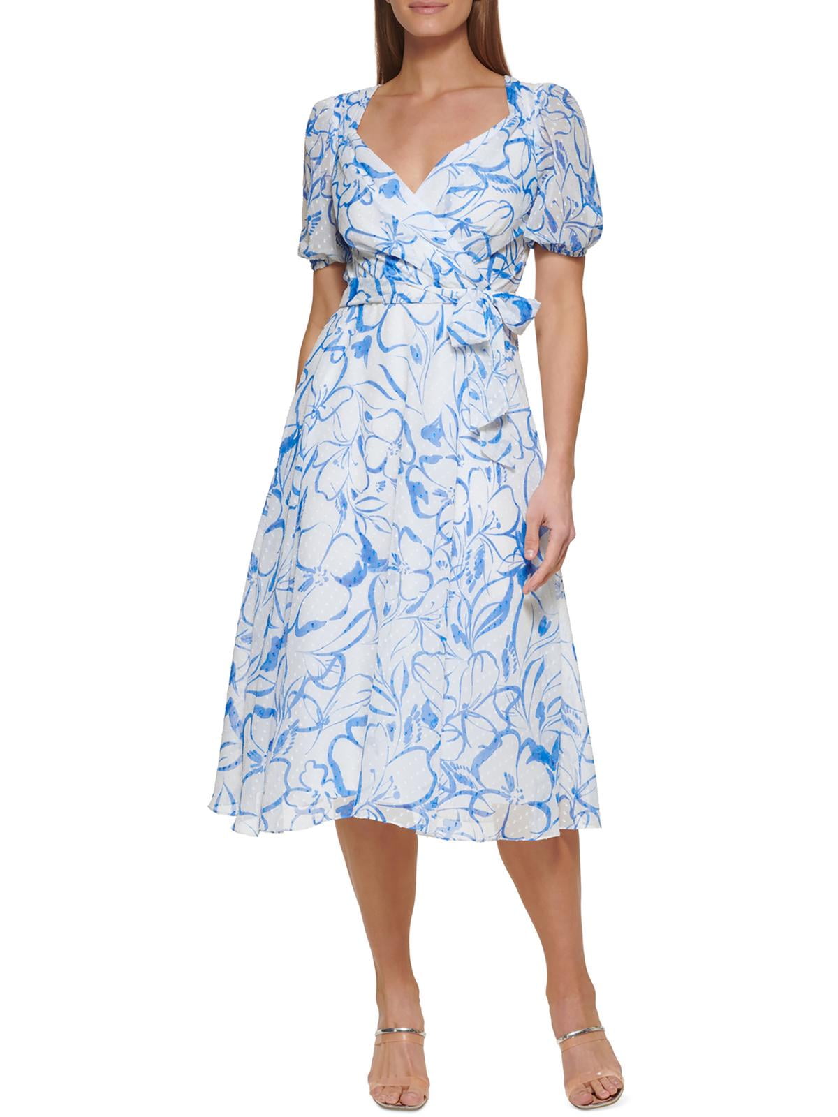 DKNY Women's Balloon Sleeve Faux Wrap Dress White Size 2Petite