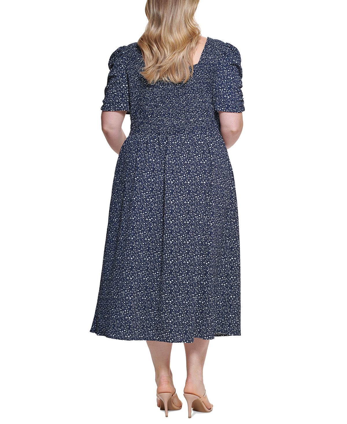 DKNY Women's Short Sleeve Smocked Midi Dress Blue Size 14W
