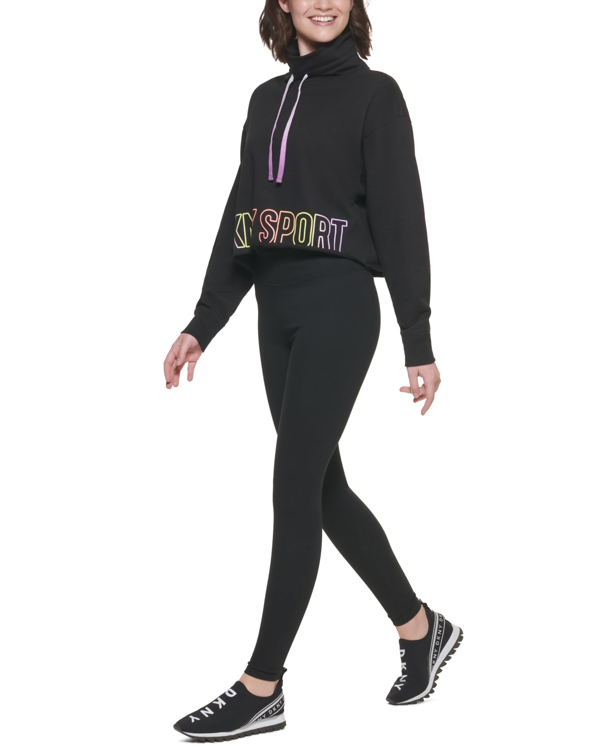 DKNY Women's Sport Ombre Logo Funnel Neck Pullover Black Size Medium