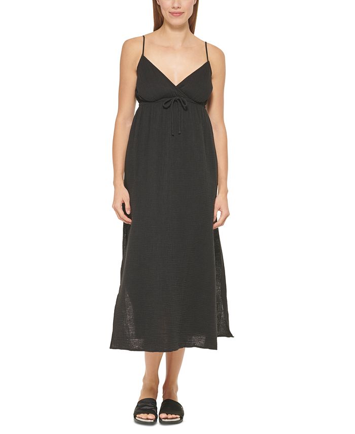 DKNY Women's V Neck Front Tie Maxi Dress Cover Up Swimsuit Black Size Medium