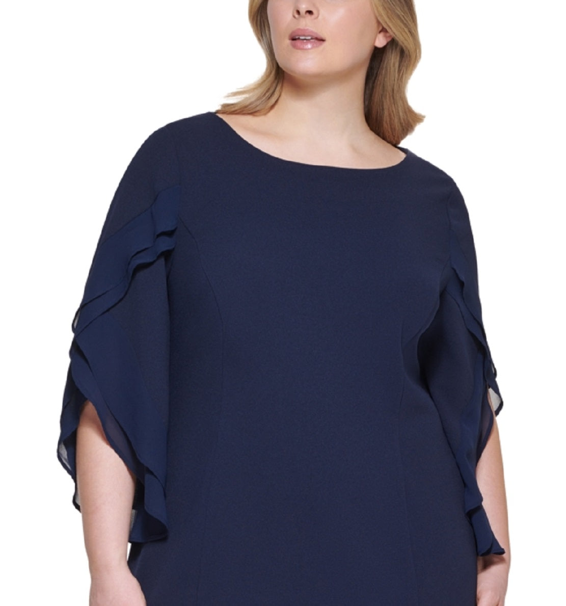 DKNY Women's Chiffon Sleeve Combo Sheath Dress Blue Size 18W