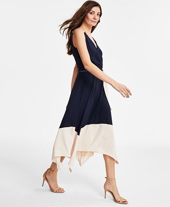DKNY महिलाओं की कलरब्लॉक्ड फॉक्स रैप ड्रेस, नीला, साइज़ 12