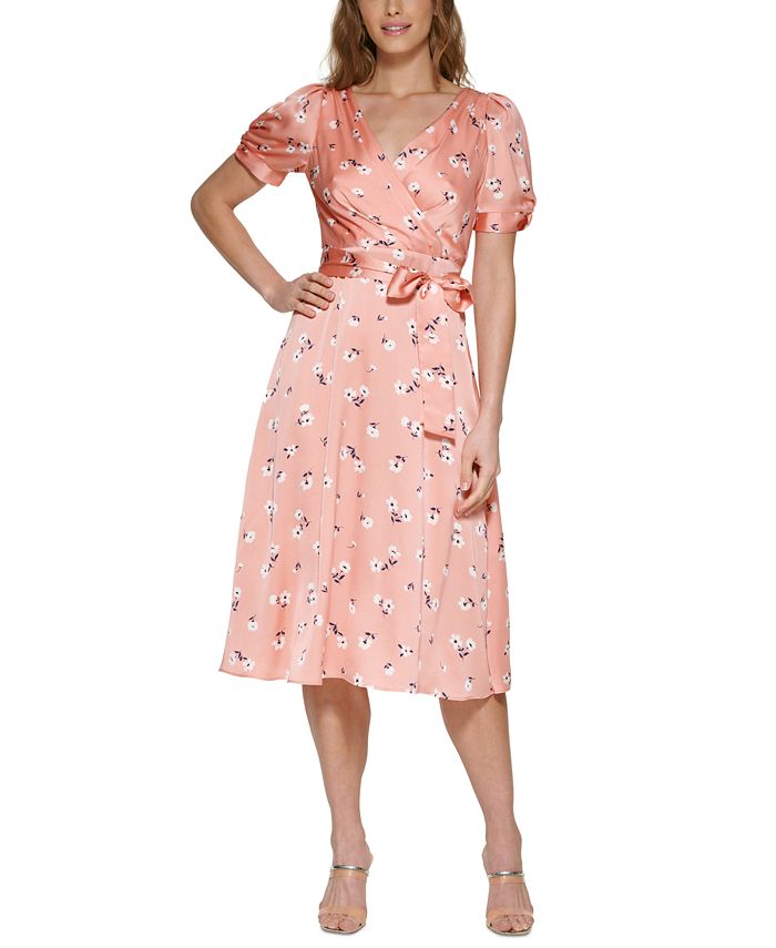 DKNY Women's Printed Satin Faux Wrap Midi Dress Pink Size 12
