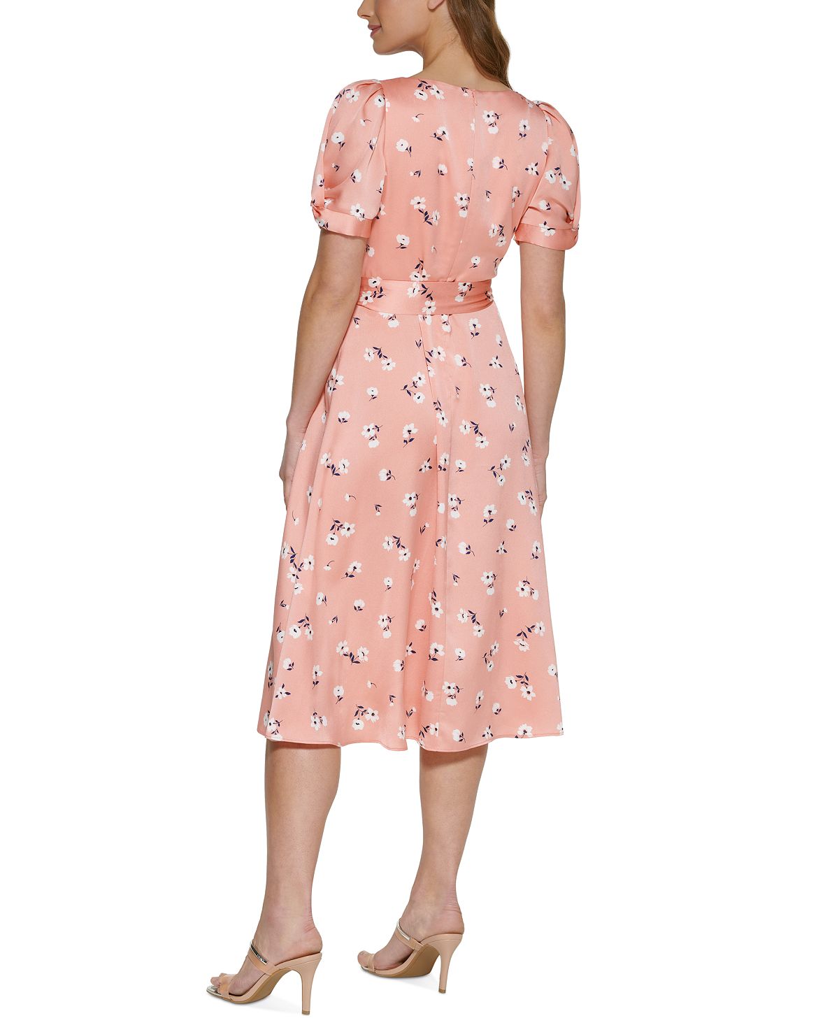 DKNY Women's Printed Satin Faux Wrap Midi Dress Pink Size 2