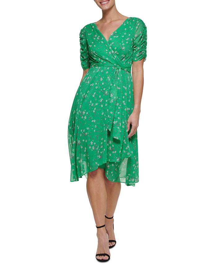 DKNY Women's Ruched Sleeve Faux Wrap Dress Green Size 14