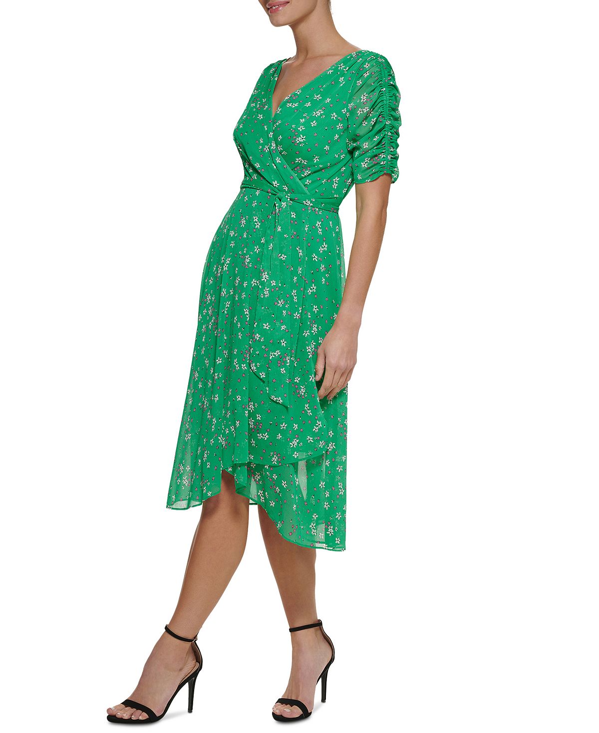 DKNY Women's Ruched Sleeve Faux Wrap Dress Green Size 8