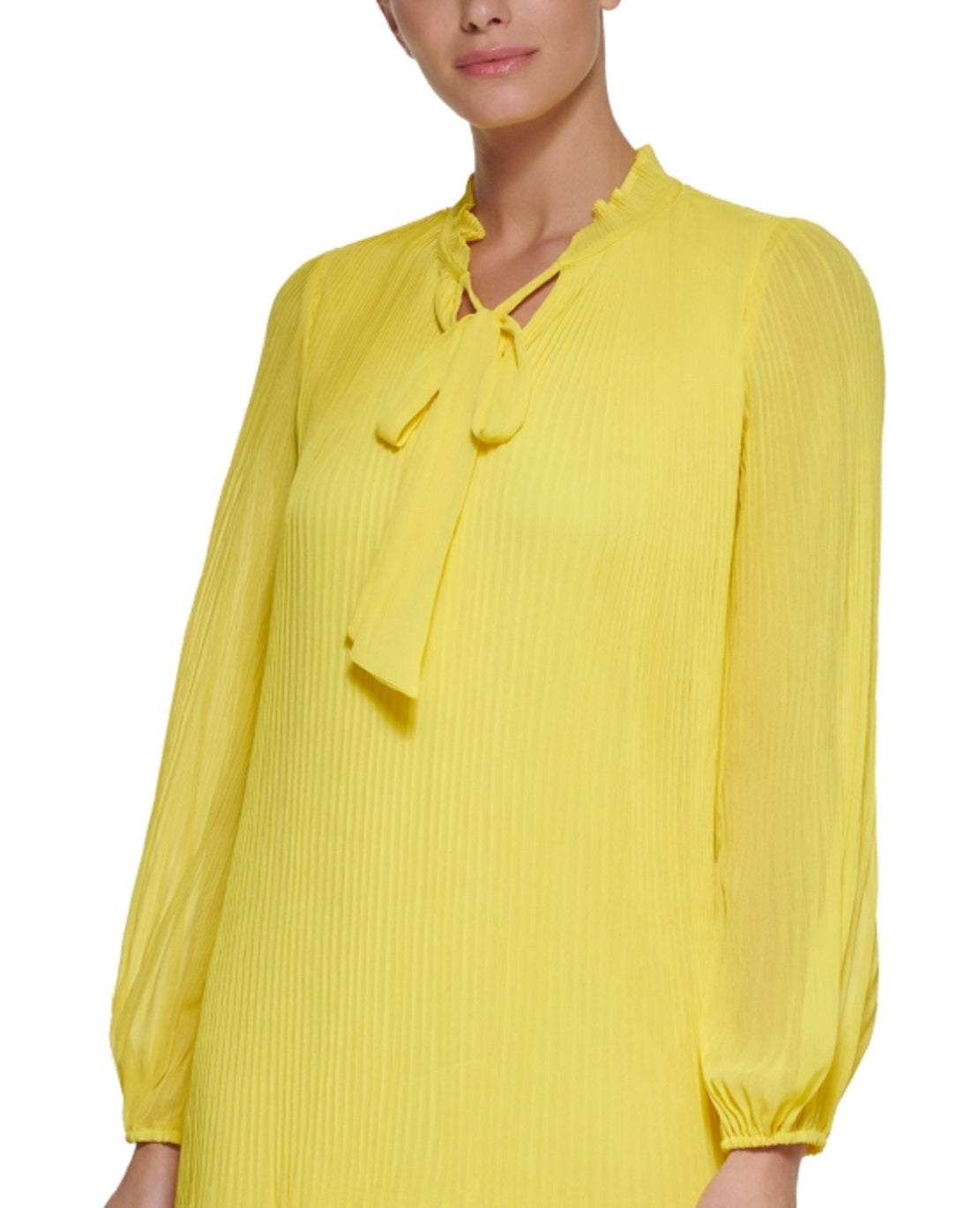 DKNY Women's Long Sleeve Tie Neck Pleated Shift Dress Yellow Size 14