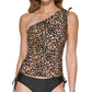 DKNY Women's Printed One Shoulder Tankini Top Swimsuit Black Size Medium