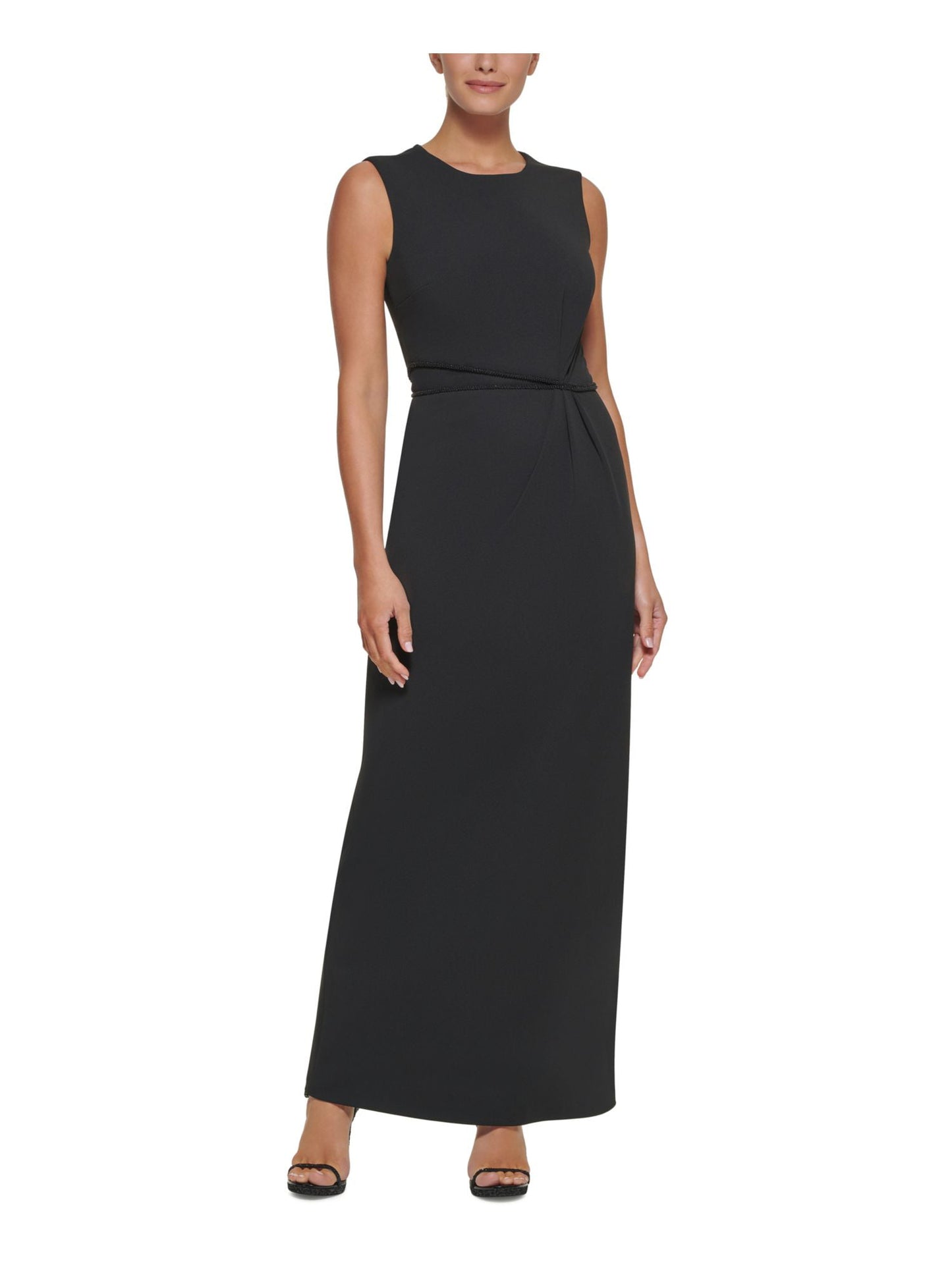 DKNY Women's Stretch Beaded Zippered Back Slit Lined Sleeveless Round Neck Full Length Formal Gown Dress Black Size 4