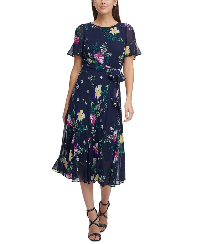 DKNY Women's Printed Godet Skirt Midi Dress Blue Size 12 Petite