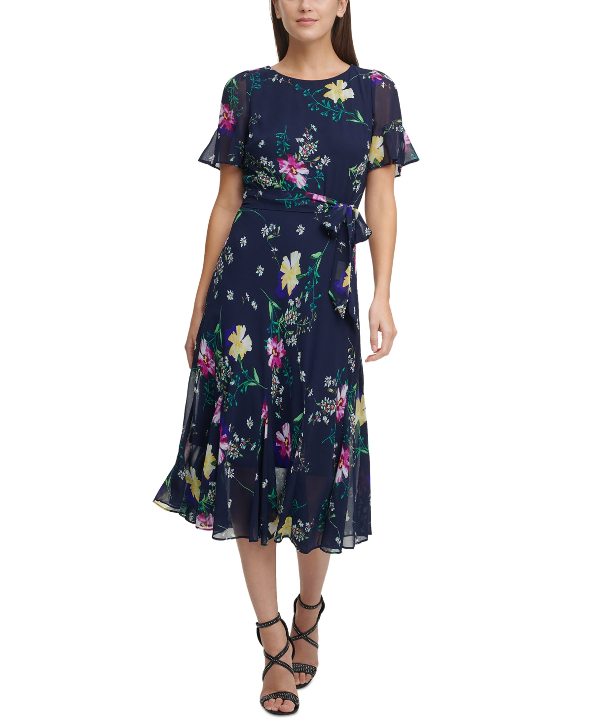 DKNY Women's Printed Godet Skirt Midi Dress Blue Size 10 Petite