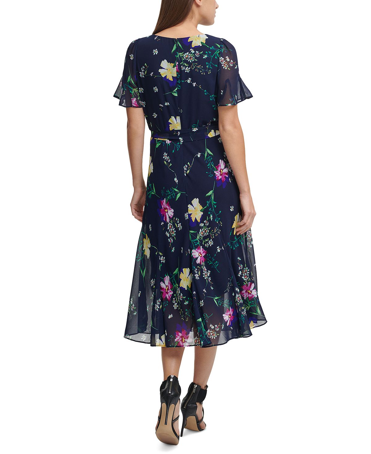 DKNY Women's Printed Godet Skirt Midi Dress Blue Size 6Petite