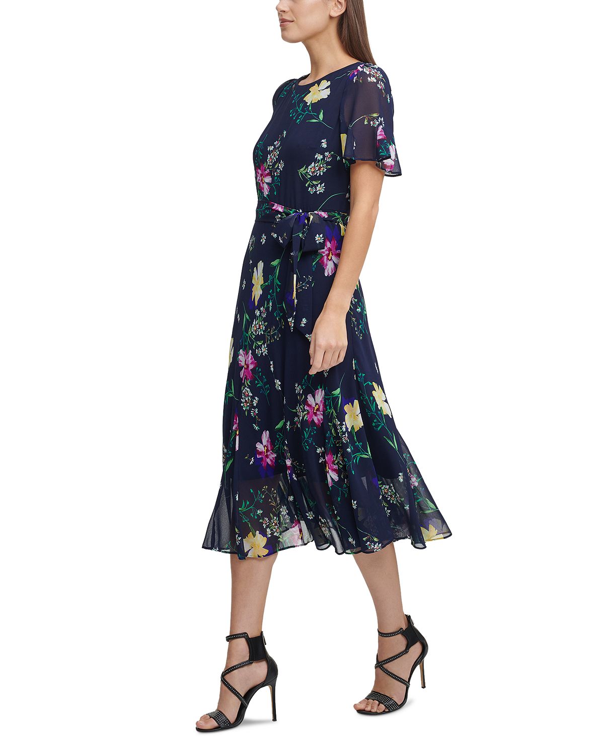 DKNY Women's Printed Godet Skirt Midi Dress Blue Size 6Petite
