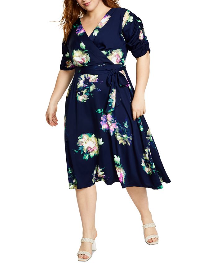 DKNY Women's Printed Faux Wrap Dress Blue Size 22W