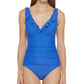 DKNY Women's Ruffle Plunge Underwire Tummy Control One Piece Swimsuit Blue Size 10