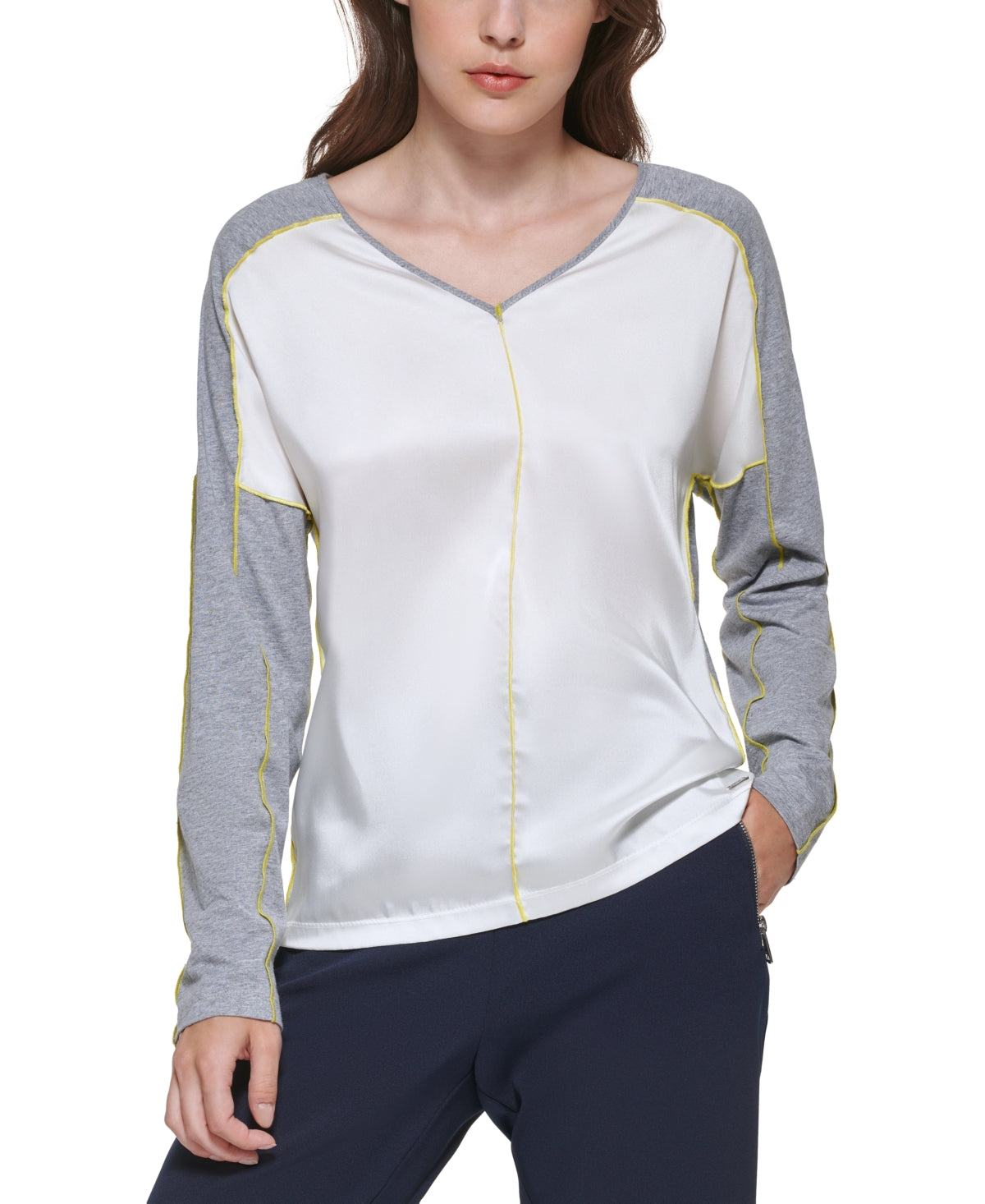 DKNY Women's Mixed Media V Neck Top Gray Size Medium
