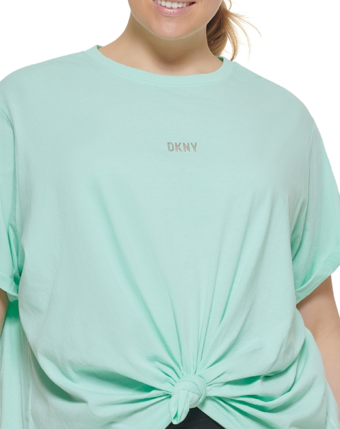 DKNY Women's Knot Front Metallic Logo T-Shirt Blue Size 3X
