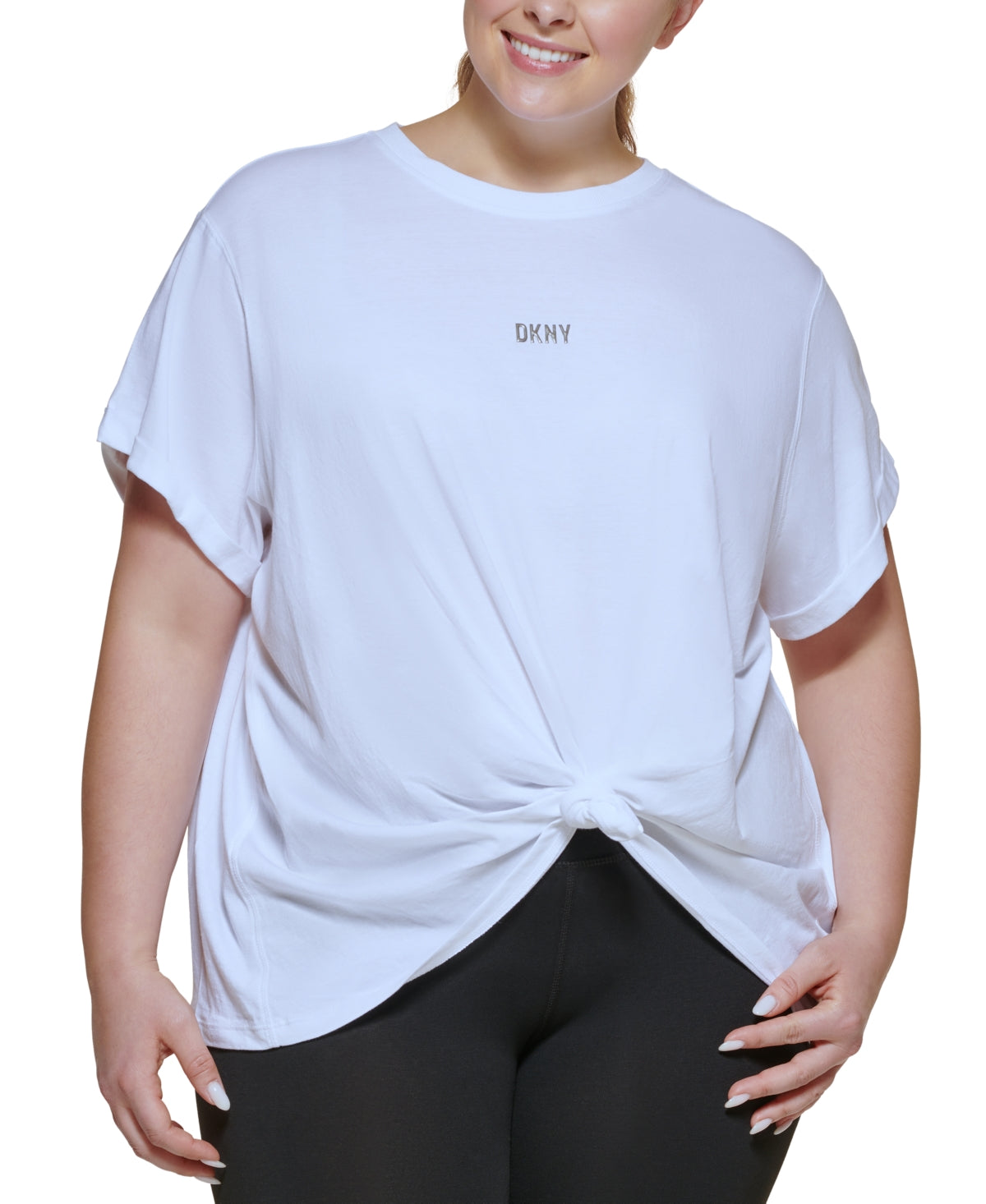 DKNY Women's Knot Front Metallic Logo T Shirt White Size 1X