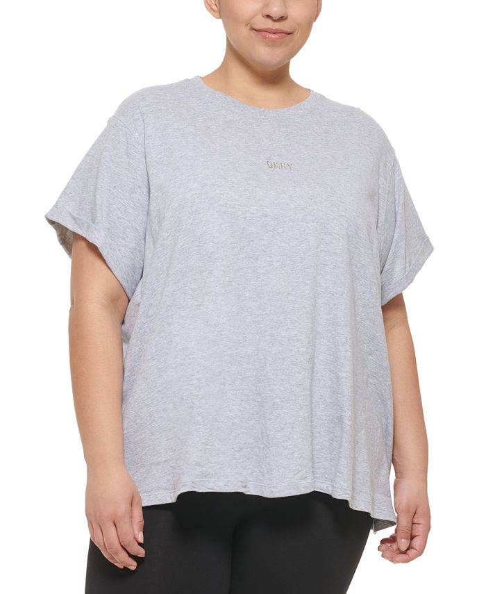 DKNY Women's Knot Front Metallic Logo T-Shirt Gray Size 2X