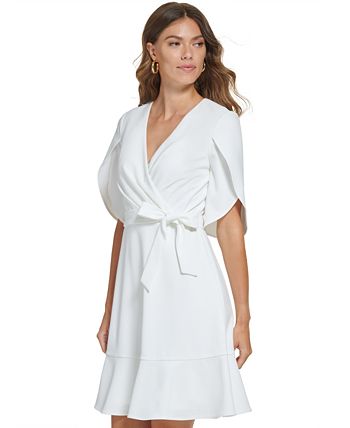 DKNY महिलाओं की ट्यूलिप स्लीव वी नेक ड्रेस सफ़ेद साइज़ 4