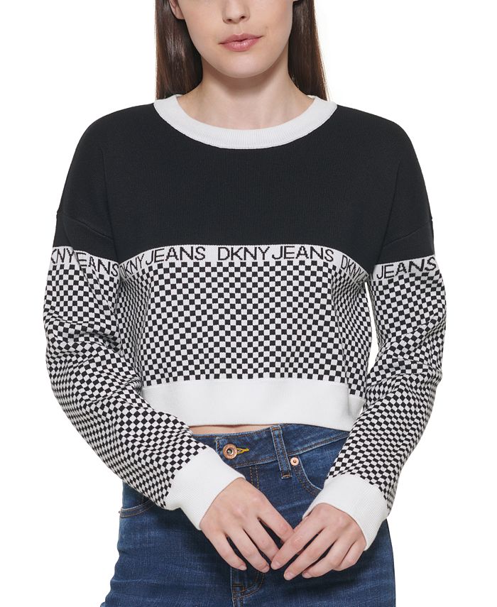 DKNY Women's Checkered Logo Sweater Black Size X-Large