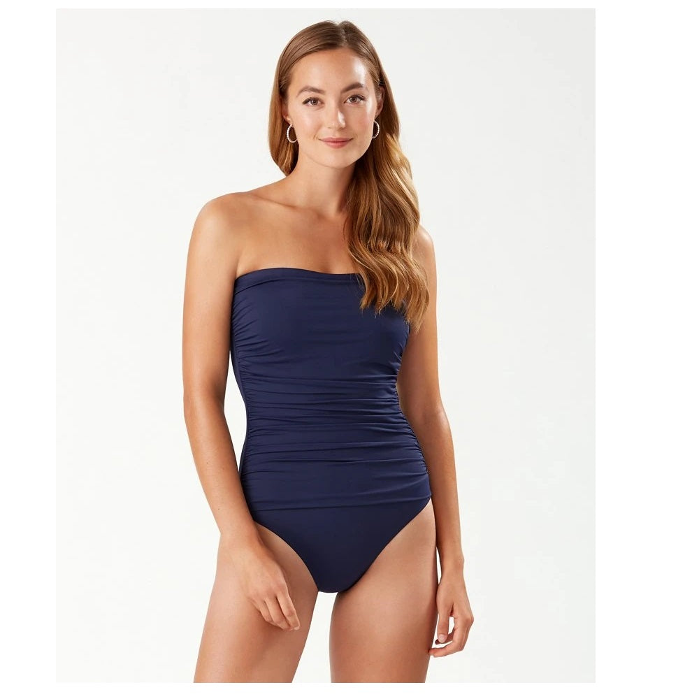 Tommy Bahama Women's  Pearl Shirred Bandeau One-Piece Swimsuit In Mare Navy Size 10