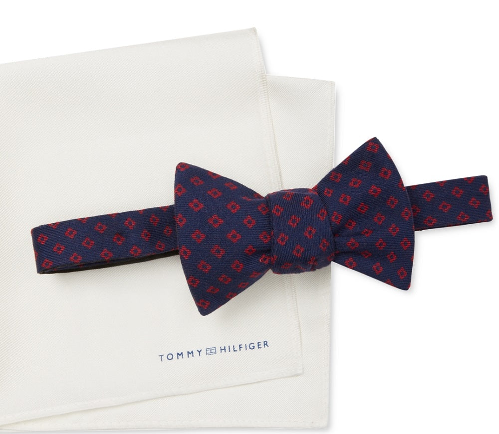 Tommy Hilfiger Men's Neat Pre Tied Bow Tie & Solid Pocket Square Set Red Size Regular