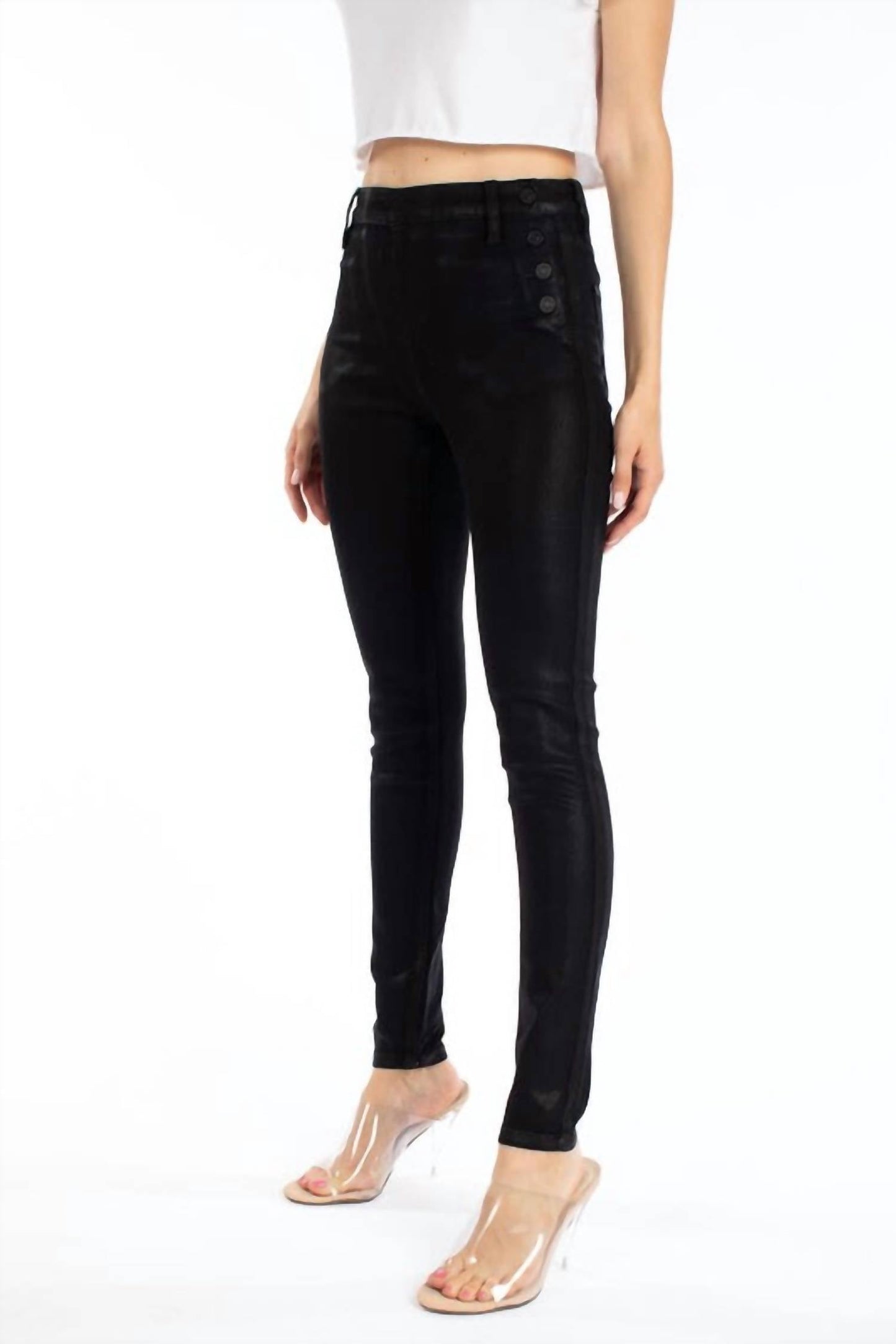 Kancan - High Rise Faux Leather Button Jeans