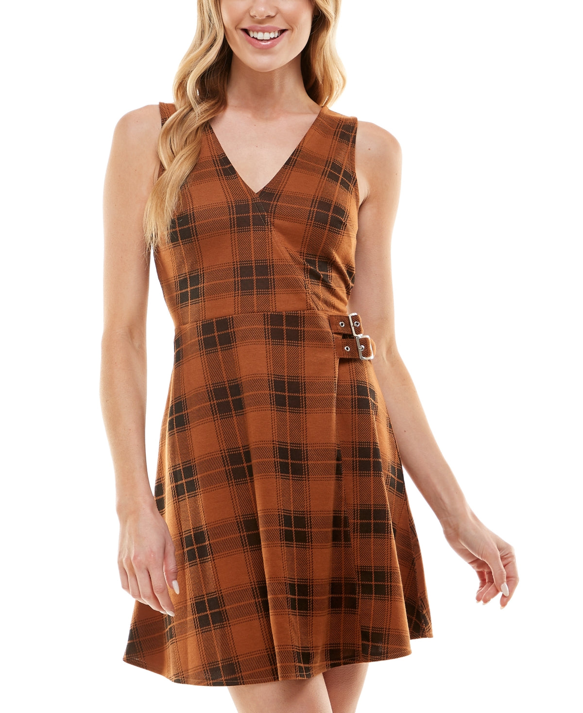Planet Gold Juniors' Faux-Wrap Side-Buckle Dress Brown Size Small