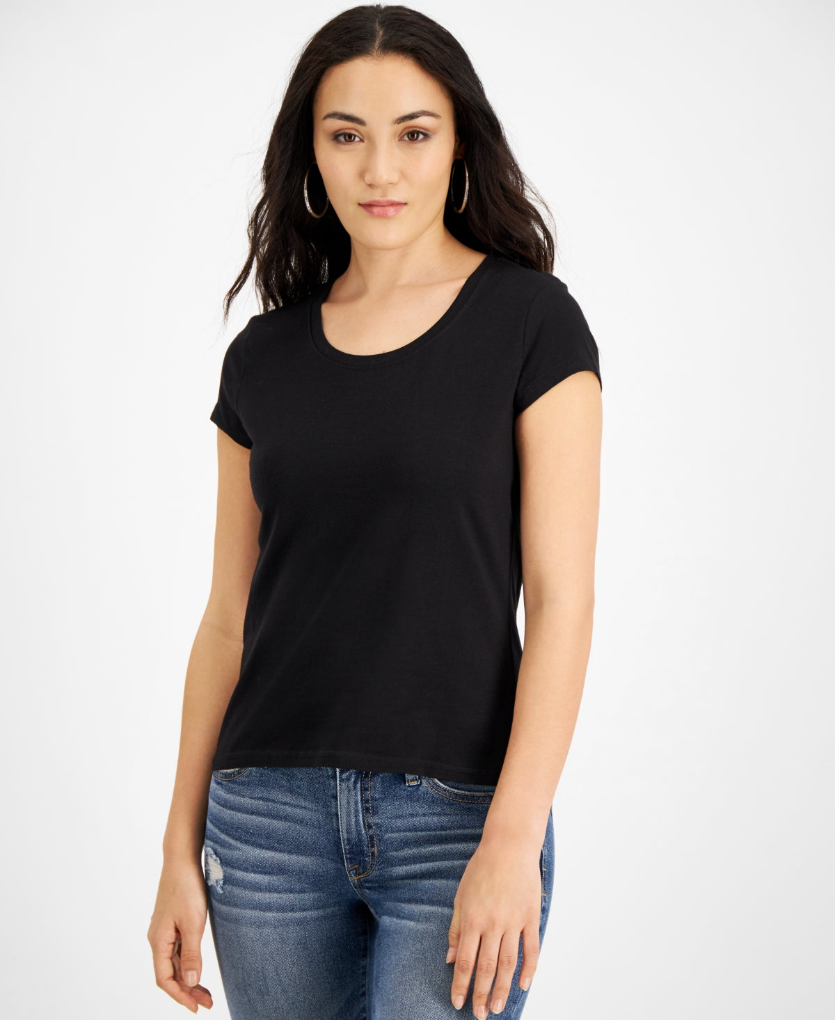 Jamie & Layla Women's Scoop Neck Cap Sleeve T-Shirt Black Size Petite Medium