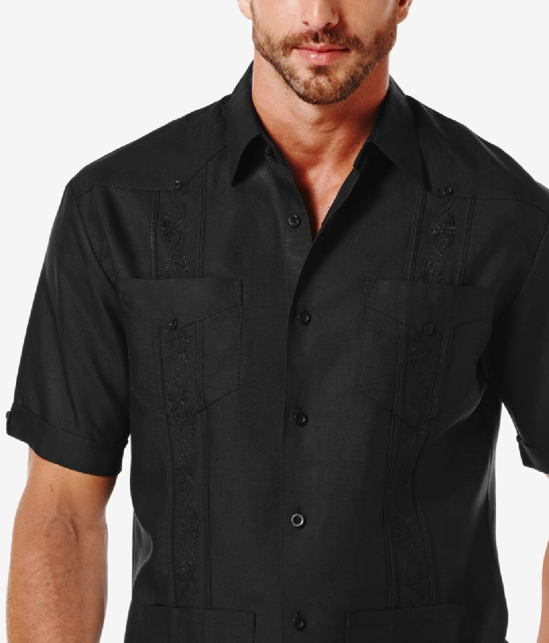Cubavera Men's Short Sleeve Embroidered Guayabera Shirt Black Size Medium