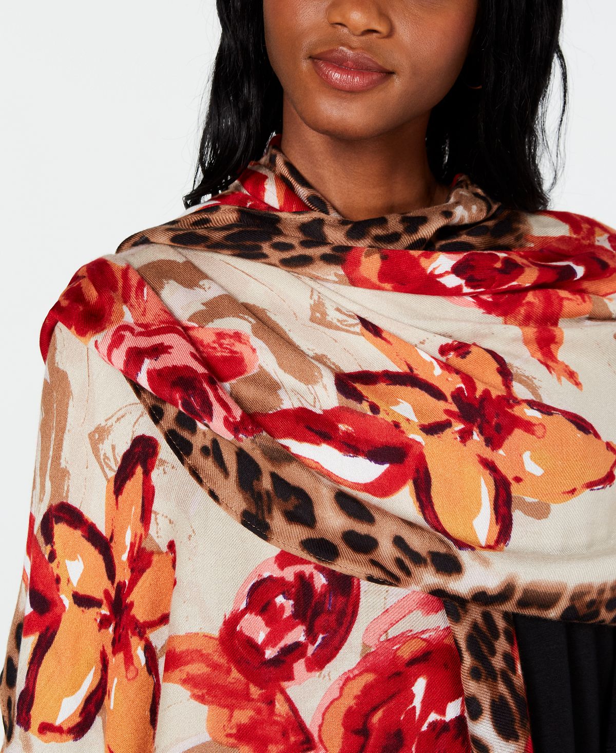 INC International Concepts Women's Leopard Floral Pashmina Red Size Regular