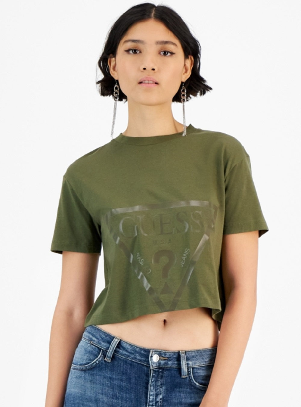 GUESS Women's Adele Cropped Crewneck Short Sleeve Logo T-Shirt Green Size Small