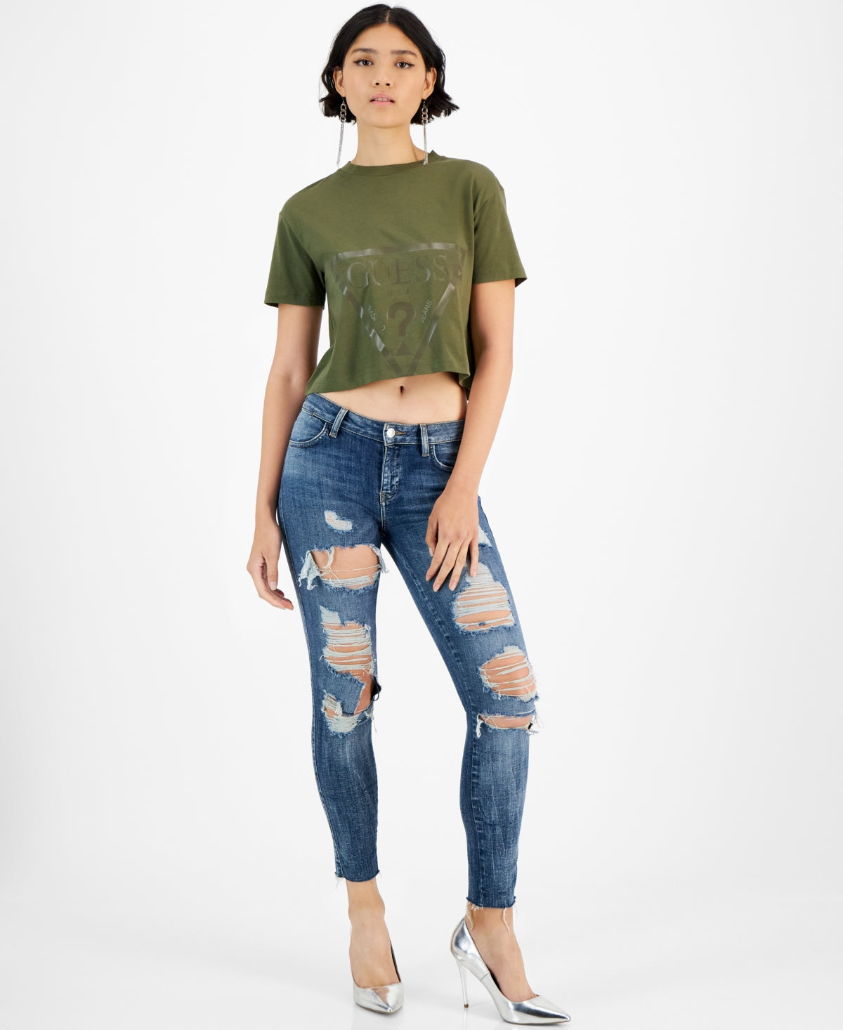 GUESS Women's Adele Cropped Crewneck Short Sleeve Logo T-Shirt Green Size Small