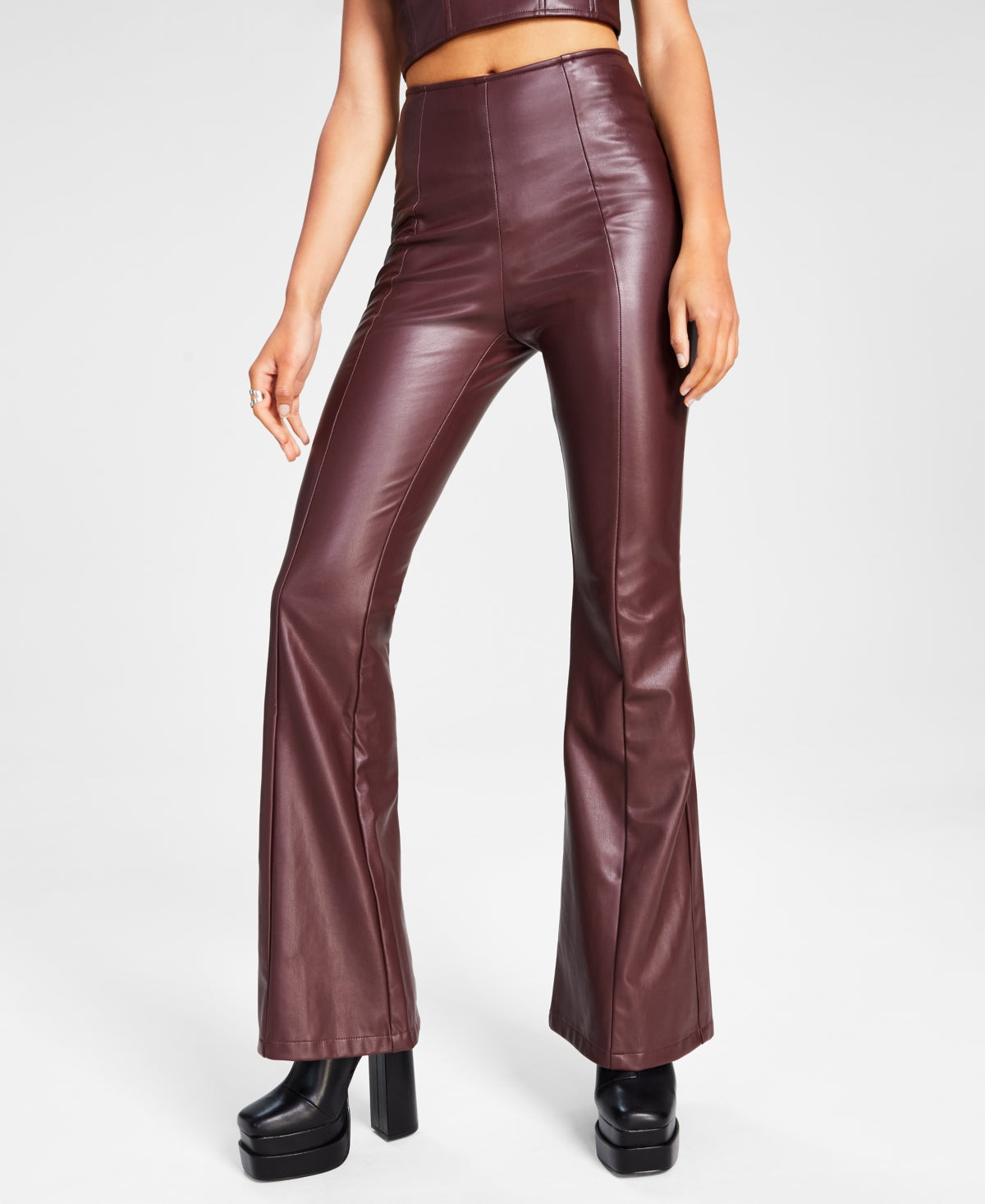 GUESS Women's Sabella Flared Leg Faux Leather High Rise Pants Brown Size 24
