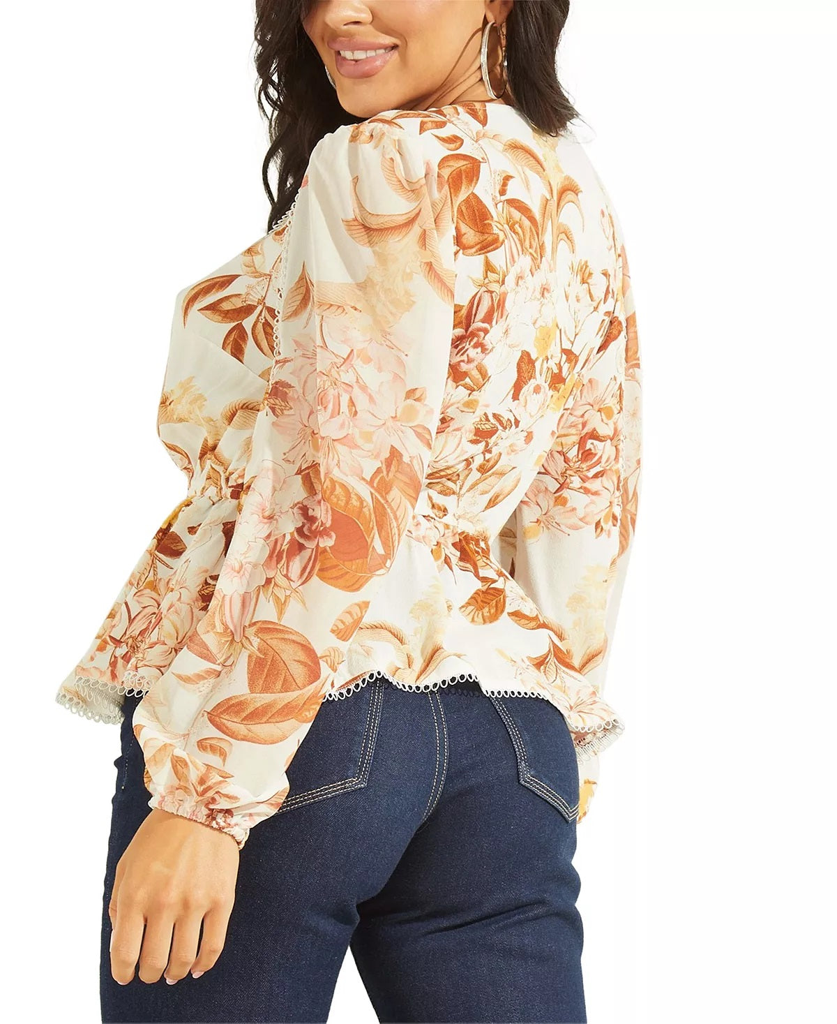 GUESS Women's Hera Printed Balloon Sleeve V-Neck Top White Size X-Large