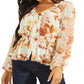 GUESS Women's Hera Printed Balloon Sleeve V-Neck Top White Size X-Large