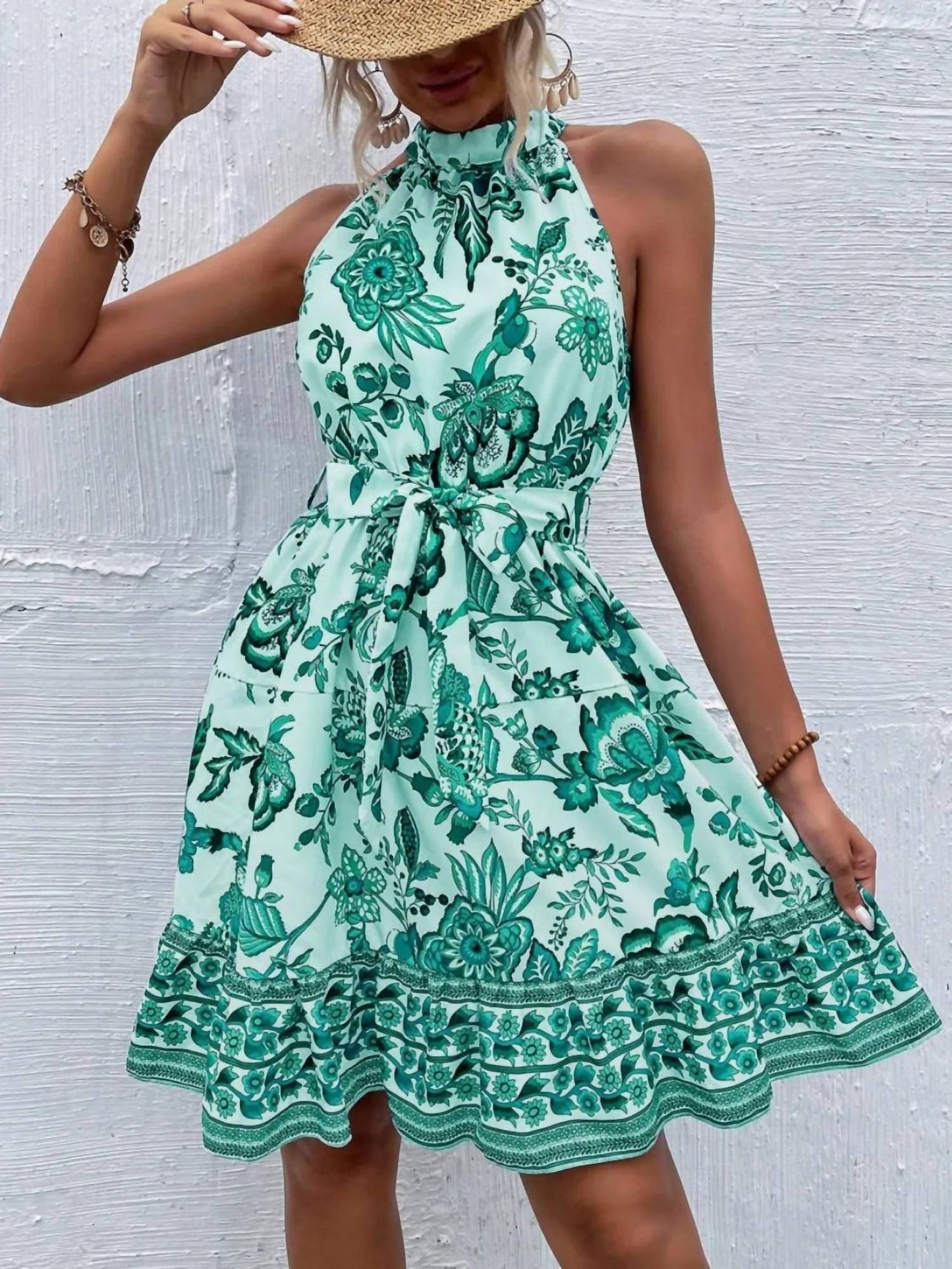 Trendsi - Printed Tie Waist Mini Dress