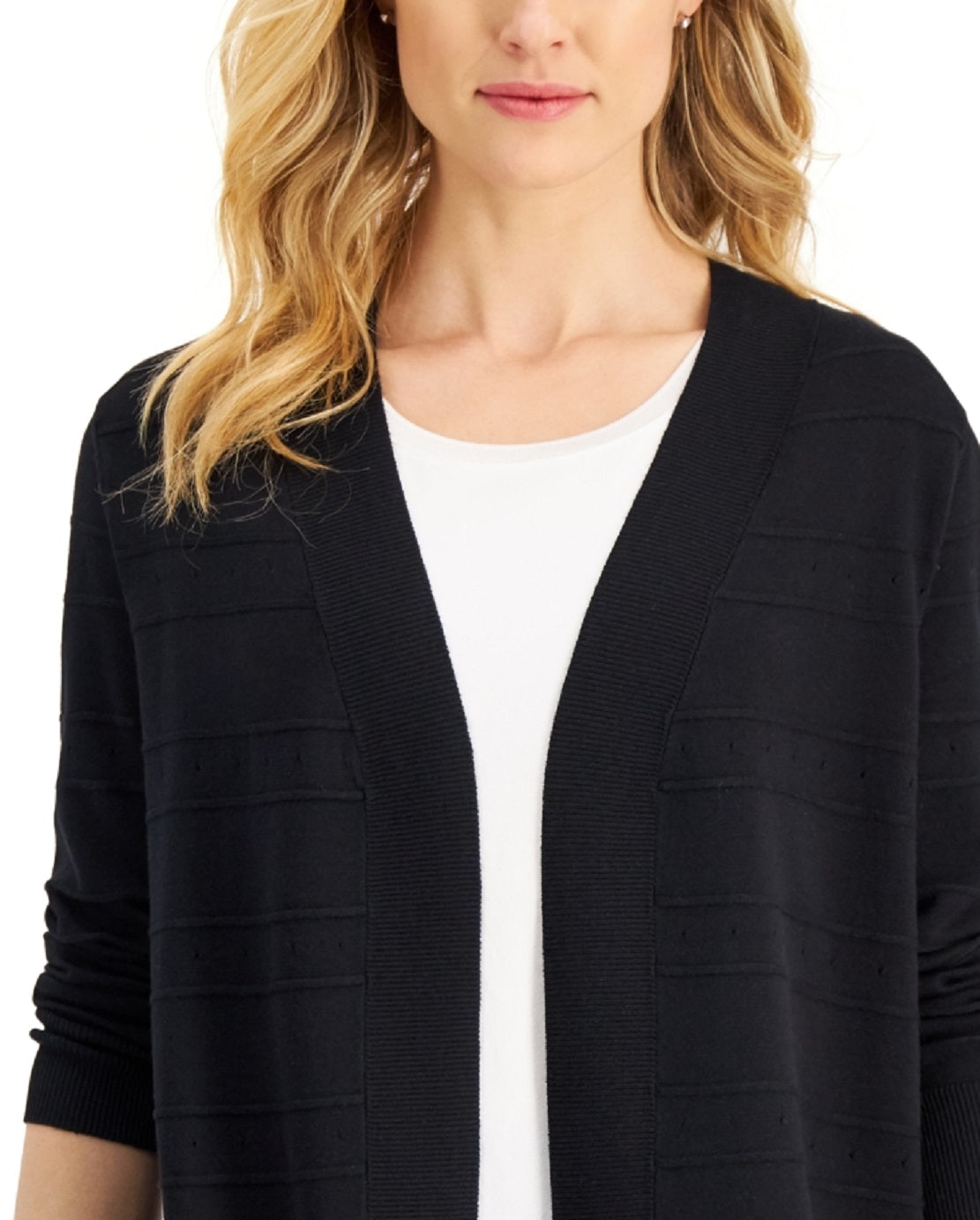 Karen Scott Women's Pointelle Open Cardigan Black Size Large