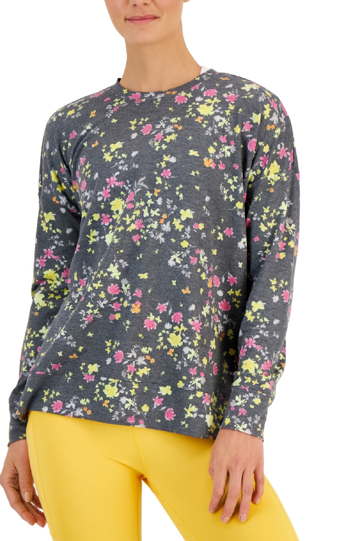 ID Ideology Women's Active Pansy Print Side Slit Relaxed Crewneck Sweatshirt Yellow Size X-Small