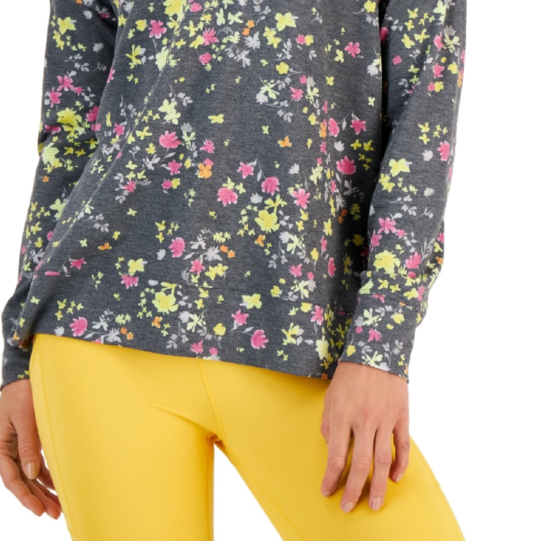 ID Ideology Women's Active Pansy Print Side Slit Relaxed Crewneck Sweatshirt Yellow Size X-Small