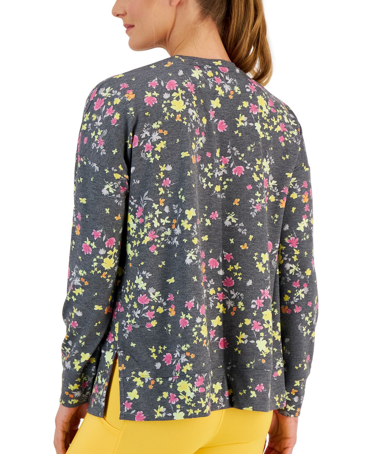 ID Ideology Women's Active Pansy Print Side Slit Relaxed Crewneck Sweatshirt Gray Size X-Large